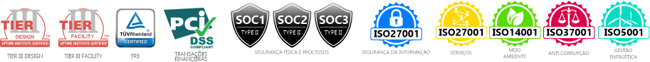 Tier III Design e Facility, TR3, PCI-DSS, SOC 1, SOC 2, SOC 3, ISO 27001, ISO 14001, ISO 37001 e ISO 50001