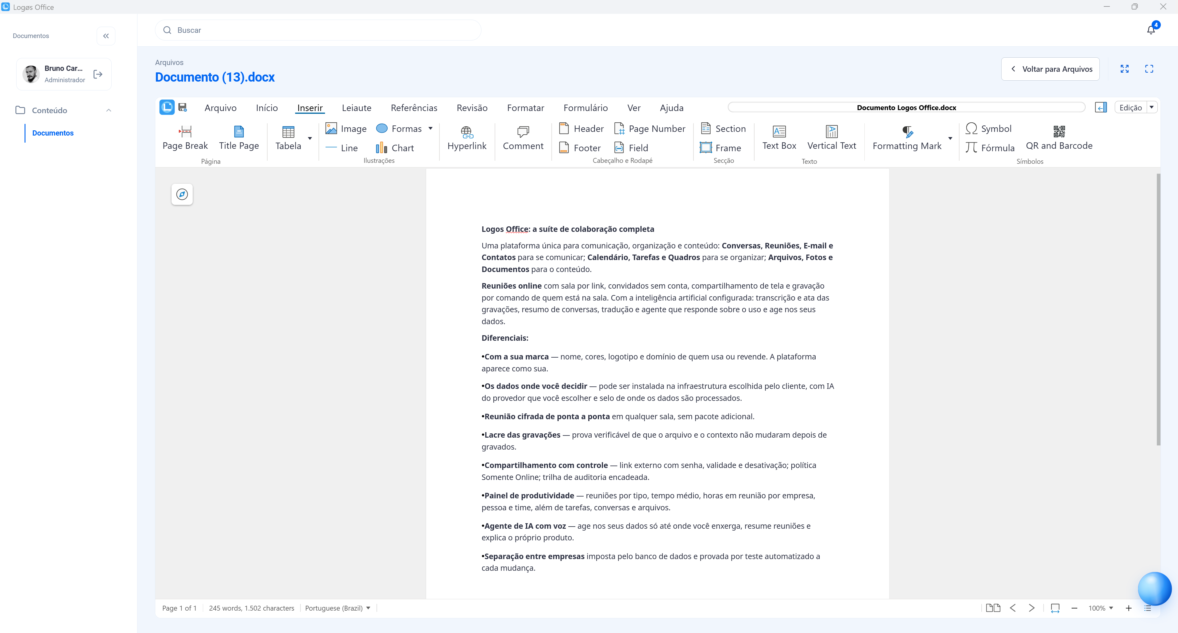 Editor de documentos do Voiicr Cloud aberto no navegador, com edição colaborativa